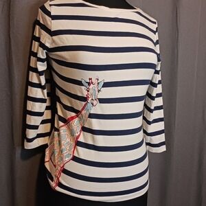 Talbots Petites S‎ White Black Striped colorful Giraffe Applique 3/4 Sleeve Top